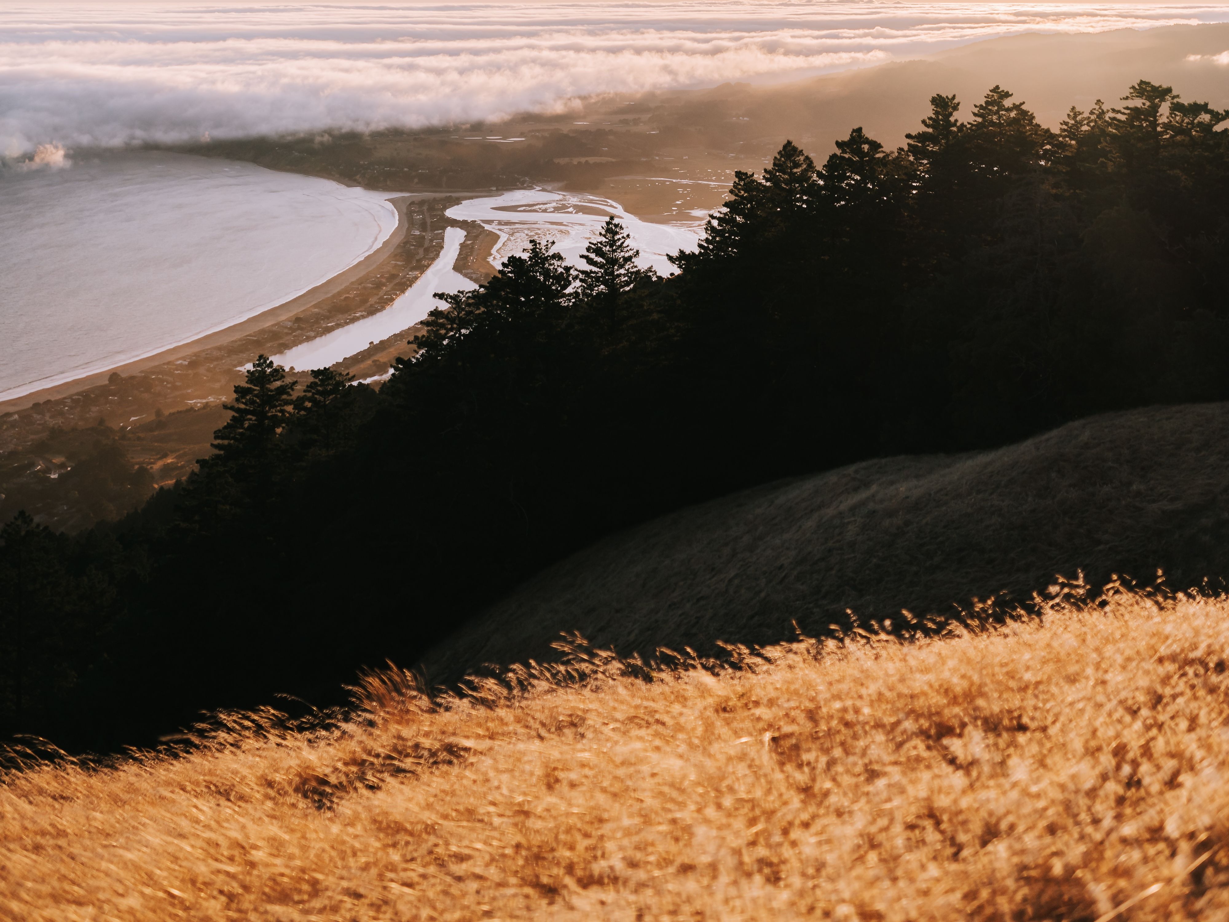 Aerial view of the Marin coastline at sunset, near Nura Recovery